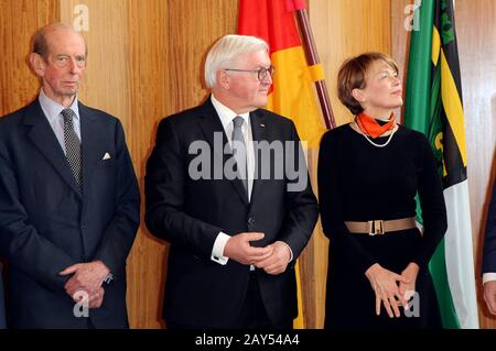 Dresda, Germania. 13th Feb, 2020. Principe Edoardo, 2nd Duca di Kent, Frank-Walter Steinmeier ed Elke Budenbender in un ricevimento del 75th anniversario della distruzione di Dresda nel nuovo Municipio. Dresda, febbraio 13th, 2020 | utilizzo credito mondiale: DPA/Alamy Live News Foto Stock