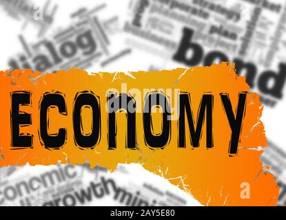 Word cloud con economia sulla parola di colore giallo e rosso banner Foto Stock