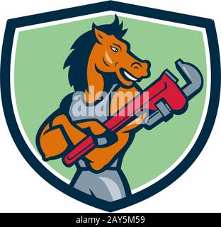 Horse Plumber Monkey Wrench Crest Cartoon Foto Stock