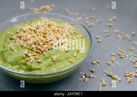 Rinfrescante frullato verde in vaso di vetro con germogli di grano saraceno verde su sfondo grigio. Piatto crudo. Primo piano. Piatto di verdure di Helthy Foto Stock