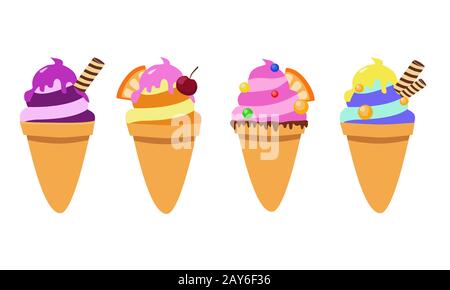 Coni gelato giallo, rosa, blu, arancio. Immagine colorata vettoriale brillante. Illustrazione Vettoriale