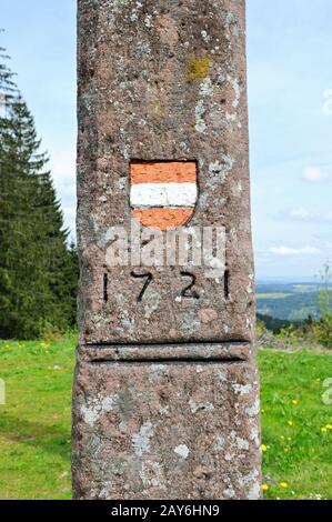 Stemma e numero di anno sulle fienche della Foresta Nera di Triberg Germania Foto Stock