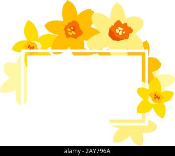 Cornice vettoriale positiva luminosa con fiori di narciso gialli isolati su bianco. Modello di biglietto d'auguri, poster. Concetto di design per banner, promozione Illustrazione Vettoriale