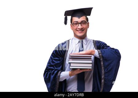 Giovane studente laureando isolato su bianco Foto Stock