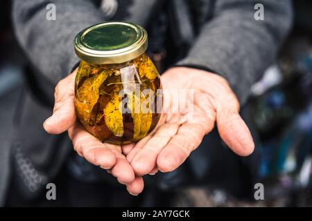 Le vecchie mani stropicciate tengono un vaso con marmellata di montagna dalle foglie di alberi caucasici Foto Stock