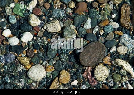piccole pietre multicolori sulla riva di un torrente montano con acque cristalline glaciali. Vista dall'alto. Foto Stock