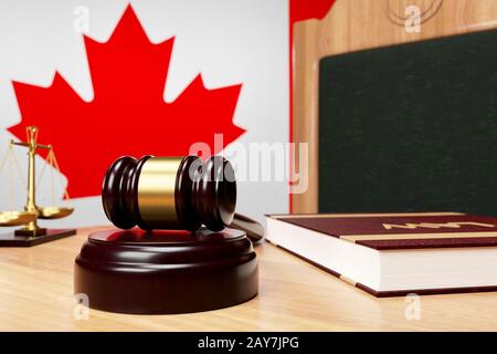 Primo piano del martello di un giudice e di un libro con l'iscrizione Legge su un tavolo di legno sullo sfondo della bandiera canadese, il concetto di canadia Foto Stock