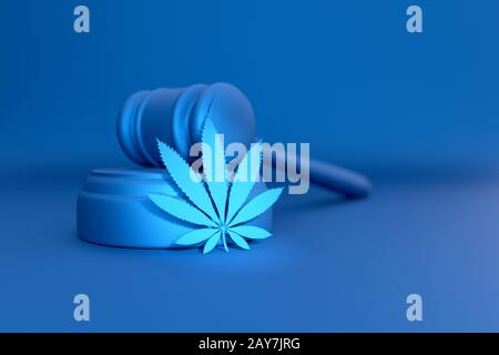 Una foglia di cannabis si trova accanto al martello del giudice, il concetto di legalizzare o vietare la marijuana, uno sfondo blu astratto, tinto.3D rendering. Foto Stock