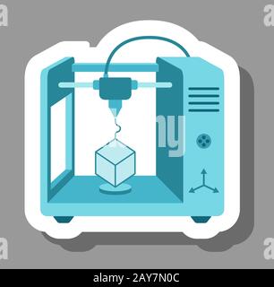 Icona della stampante 3D che simboleggia la tecnologia futura. Tutti gli oggetti, le ombre e lo sfondo sono in livelli diversi. Illustrazione Vettoriale