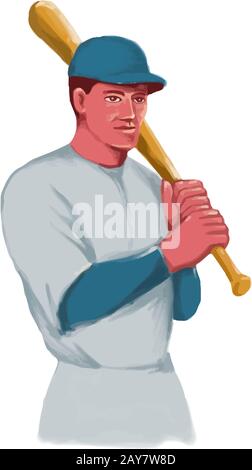 Vintage giocatore di baseball bat acquerello Foto Stock
