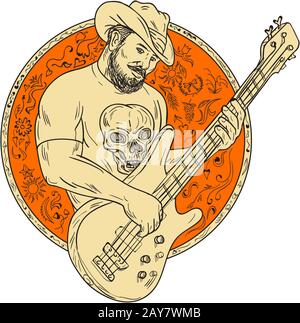 Cowboy Suonare Chitarra Basso Cerchio Disegno Foto Stock Alamy