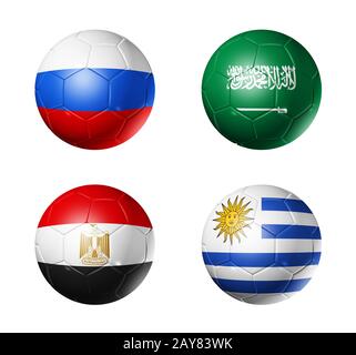 Russia football 2018 Gruppo un flag su palloni da calcio Foto Stock