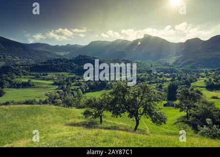 Campagna e Dreznica villaggio nelle Alpi Giulie, Slovenia Foto Stock