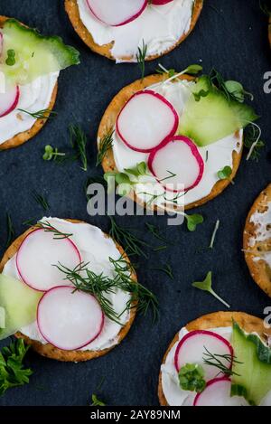 Cracker con formaggio casolare, rafano, cetrioli decorati con insalata di cres ed erbe fresche Foto Stock