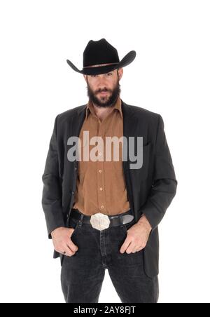 Uomo in giacca grigia e cappello da cowboy, la mano in tasca Foto Stock