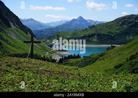 Paesaggio alpino, bacino idrico, spullersee, mare alpino, Austria, Europa, Foto Stock