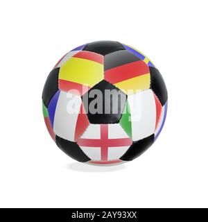 Classico soccerball con diverse bandiere isolate su sfondo bianco Foto Stock