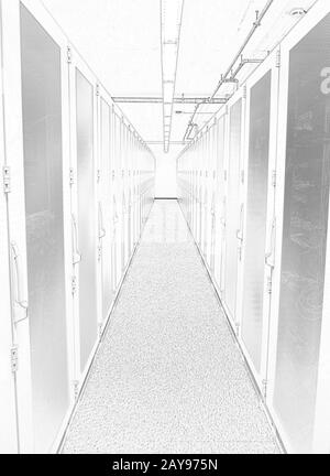 Disegno digitale schizzo fotografico di un data center con rack server, illustrazione Foto Stock