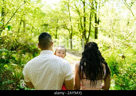 Vista da dietro di una famiglia di tre persone che camminano attraverso la foresta Foto Stock