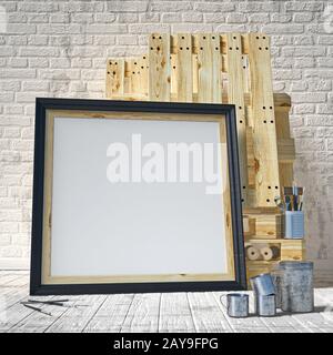 Mock up poster frame in art atelier, 3D Foto Stock