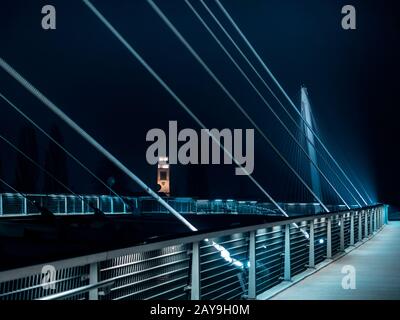 Ponte pedonale illuminato tra Francia e Germania di notte. Strasburgo. Passerelle Des Deux Rives Foto Stock