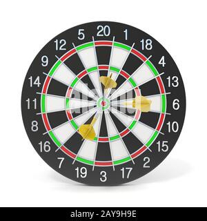 Dartboard con tre freccette arancione sul barilotto. Vista frontale. 3D Foto Stock