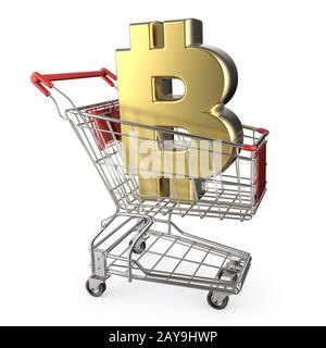 Red Carrello spesa con golden bitcoin cambio segno 3D Foto Stock