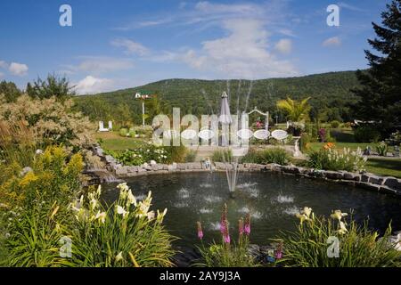 Laghetto con fontana d'acqua delimitata da Hemerocallis giallo - Daylilies e viola Liatris - Blazing stella fiori nel giardino di campagna cortile in estate. Foto Stock