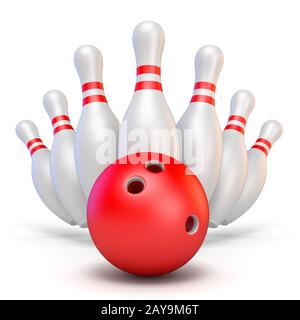 Red palla da bowling e diffusa dei perni 3D rendering immagine su sfondo bianco Foto Stock