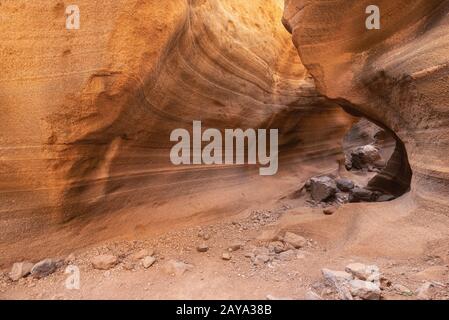 Scenic canyon di calcare, Barranco de las Vacas in Gran Canaria Isole Canarie Spagna. Foto Stock