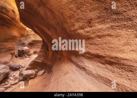 Scenic canyon di calcare, Barranco de las Vacas in Gran Canaria Isole Canarie Spagna. Foto Stock