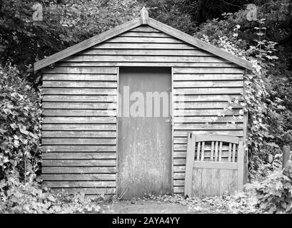 immagine monocromatica di una vecchia capanna di legno con un cancello scartato circondato da alberi di bosco Foto Stock