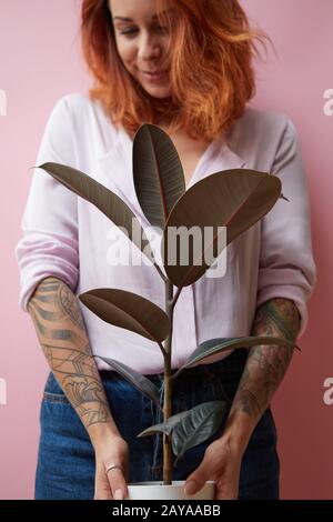 Un sorridente ragazza con un tatuaggio detiene una pentola con un ficus fiore intorno a sfondo rosa con copia spazio. La festa della mamma regalo Concept Foto Stock