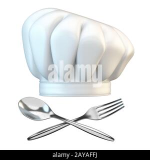 Cappello da chef bianco con cucchiaio e forchetta 3D Foto Stock