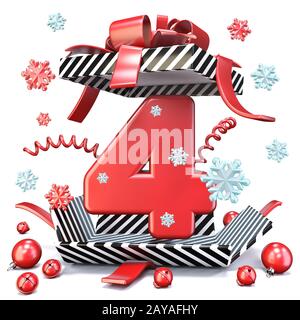 Rosso numero QUATTRO 4 all'interno della confezione regalo 3D aperta Foto Stock