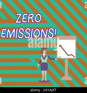 Testo per la scrittura di parole Zero Emissions. Business Concept for non emette prodotti di scarto che inquinano l'ambiente Businesswoman Holdin Foto Stock