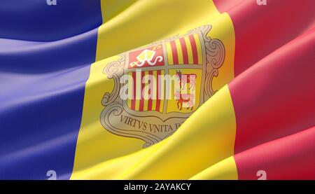 Sventolato altamente dettagliate di close-up bandiera di Andorra. 3D'illustrazione. Foto Stock