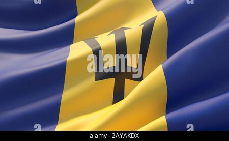 Sventolato altamente dettagliate di close-up bandiera di Barbados. 3D'illustrazione. Foto Stock