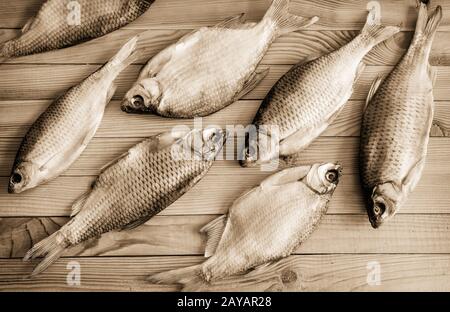 Scarafaggio essiccato sdraiato su un tavolo di legno Foto Stock