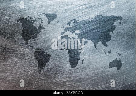 Grunge mappa del mondo in metallo spazzolato texture Foto Stock