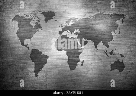 Grunge mappa del mondo in metallo spazzolato texture Foto Stock