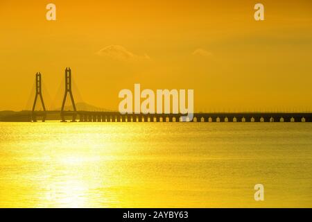 ponte con cavi in primo piano sul lago Foto Stock