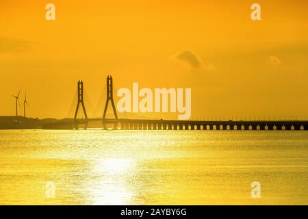 golden poyang lago e ponte con stallino Foto Stock