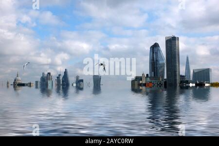 immagine concettuale manipolata della città di londra con edifici allagati a causa del riscaldamento globale e dell'aumento del livello del mare e dei gabbiani Foto Stock