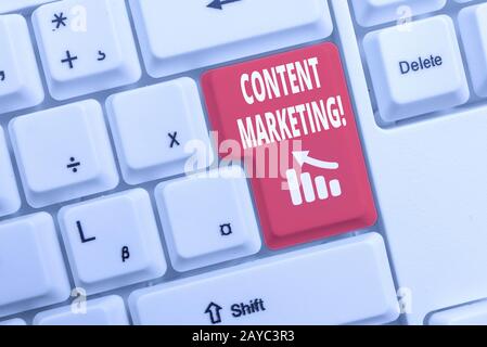 Segno di testo che mostra Content Marketing. La foto concettuale comporta la creazione e la condivisione di materiale online tastiera White pc con em Foto Stock