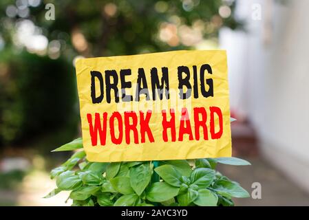 Testo di scrittura di parole Dream Big Work Hard. Concetto di affari per credere in lei e seguire i sogni e gli obiettivi Pape vuoto normale Foto Stock