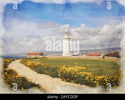 pittura acquerello del faro a paphos cipro con fiori primaverili che crescono lungo un percorso Foto Stock