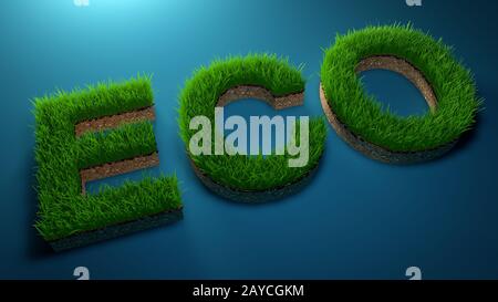 3D rendering Eco parola fatta di erba verde sul gradiente dello sfondo blu . Salvare il concetto di massa . Foto Stock