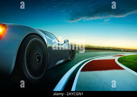 3D rendering di una marca-meno grigio auto sportive con motion blur . Race Track sfondo . Sunset scena . Foto Stock