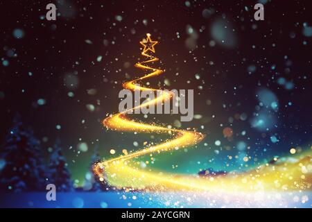 Il flusso d'oro scintillante astratto sulla forma dell'albero di natale segue una direzione con effetto bokeh e fade . Foto Stock